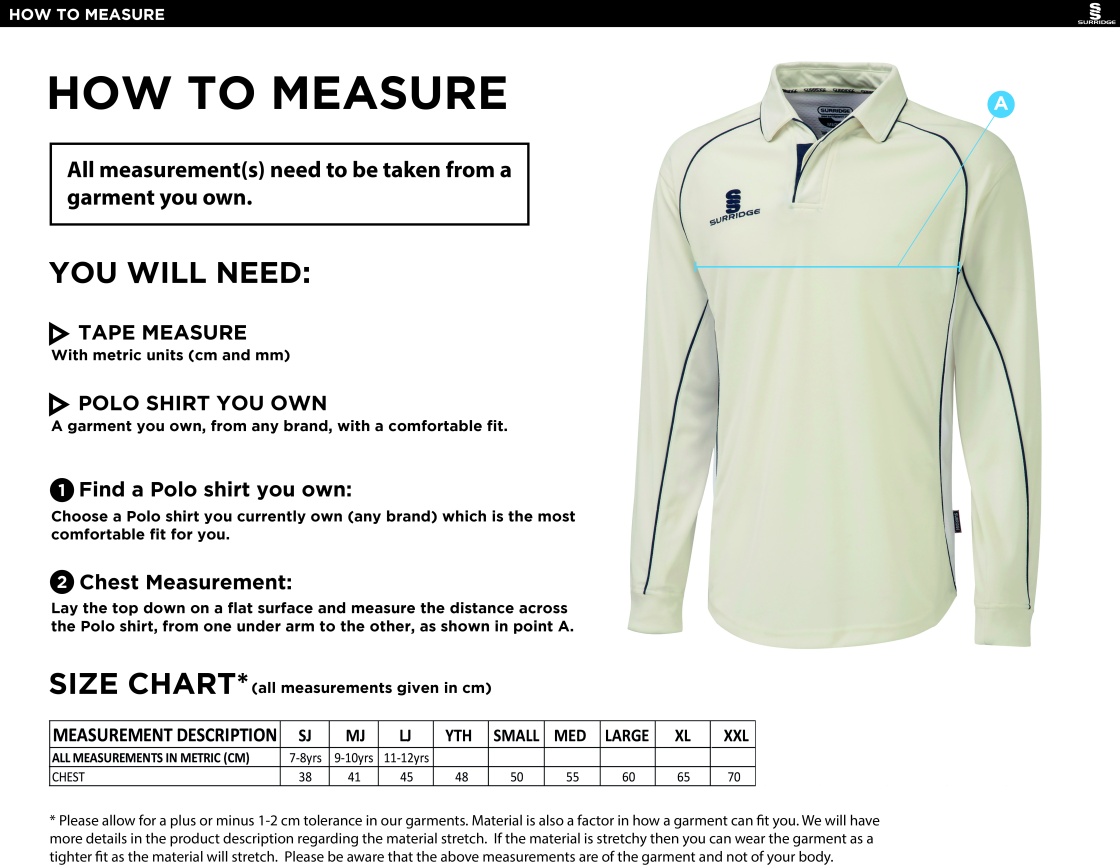 Snettisham CC - Senior Long Sleeve Premier Playing Shirt - Size Guide