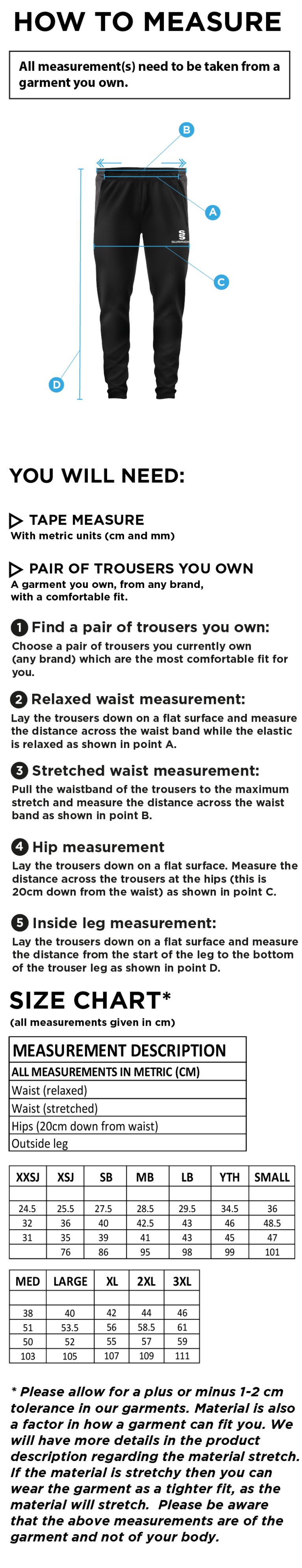 Snettisham CC - Tek Slim Pants - Size Guide