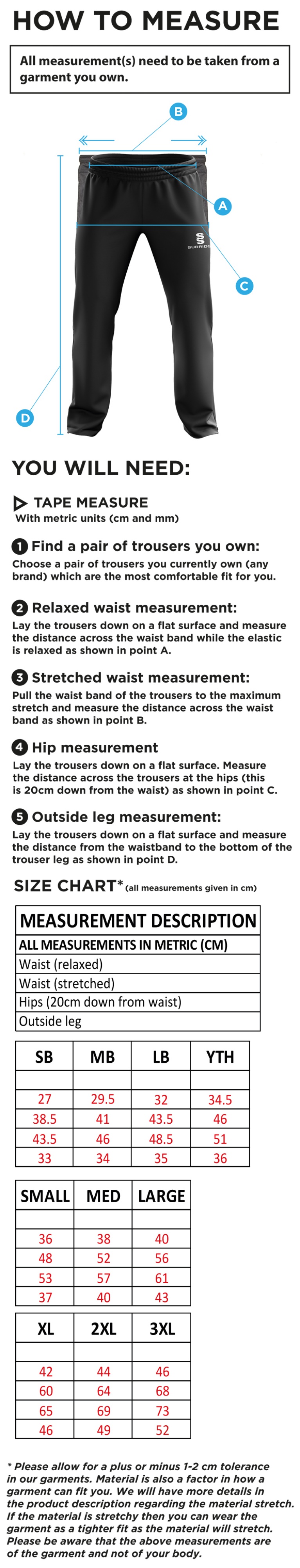 Snettisham CC - Rip Stop Tracksuit Pants - Size Guide