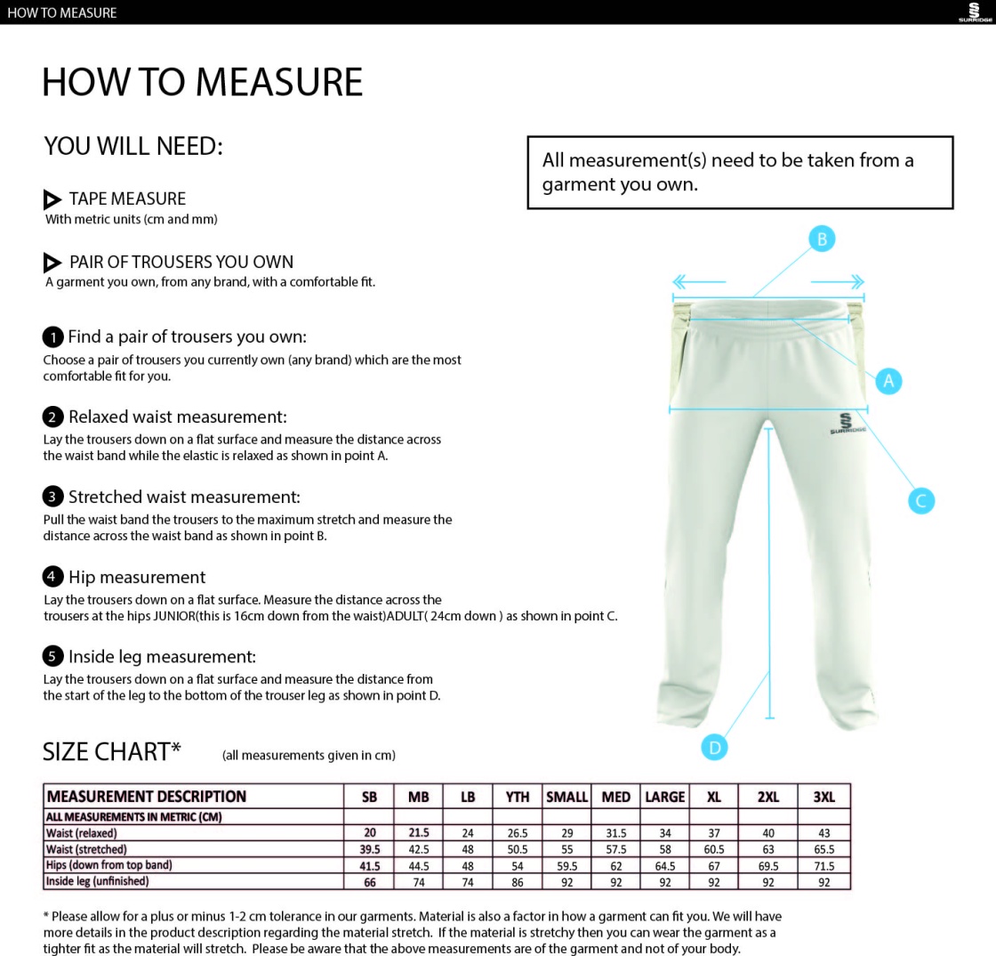 Snettisham CC - Standard Playing Pant - Size Guide