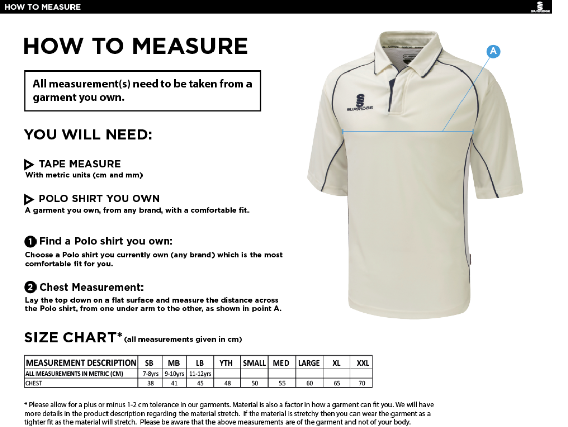 Snettisham CC - Senior 3/4 sleeve Premier Playing Shirt - Size Guide