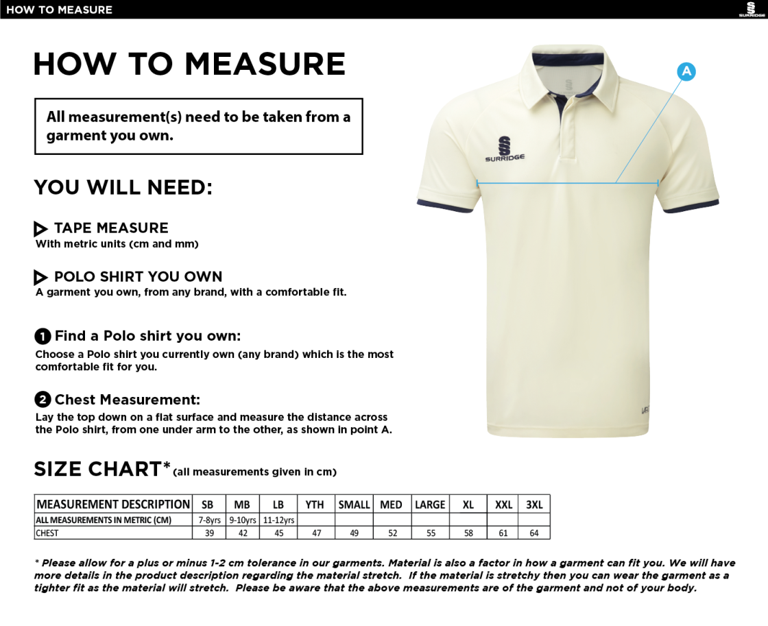 Snettisham CC - Senior Short Sleeve Playing Shirt - Size Guide