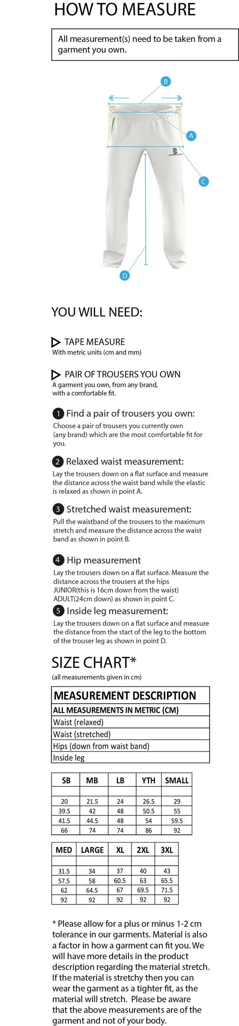 Snettisham CC - Standard Playing Pant - Size Guide