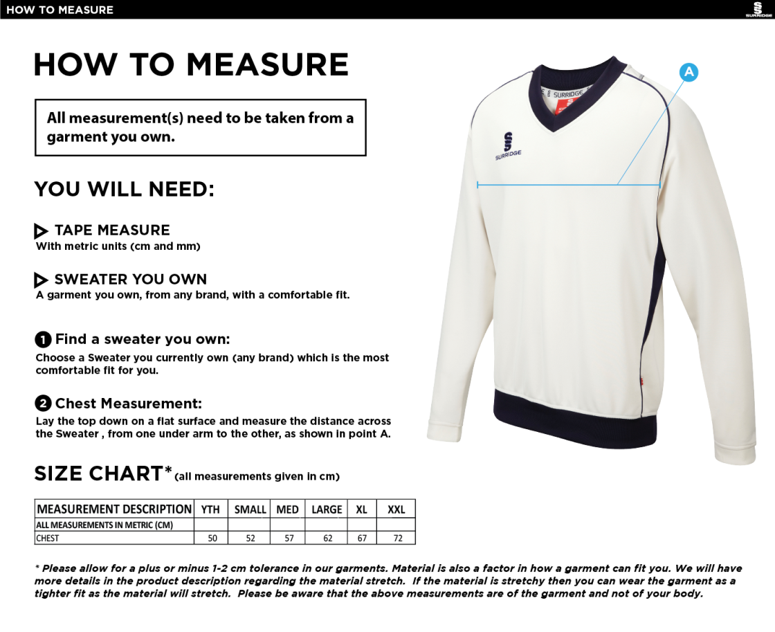 Snettisham CC - Junior Curve Long Sleeved Sweater - Size Guide