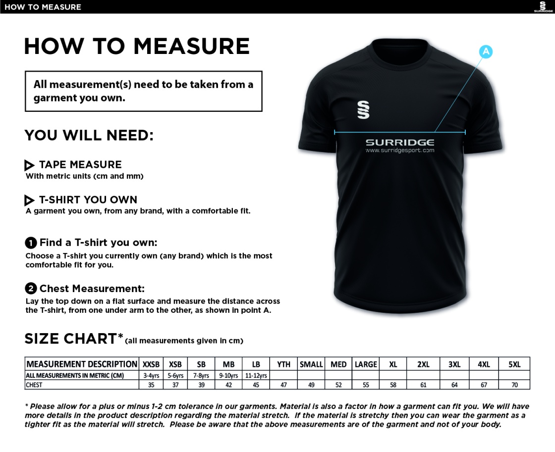 Snettisham CC - Coaches Blade Training Shirt - Size Guide