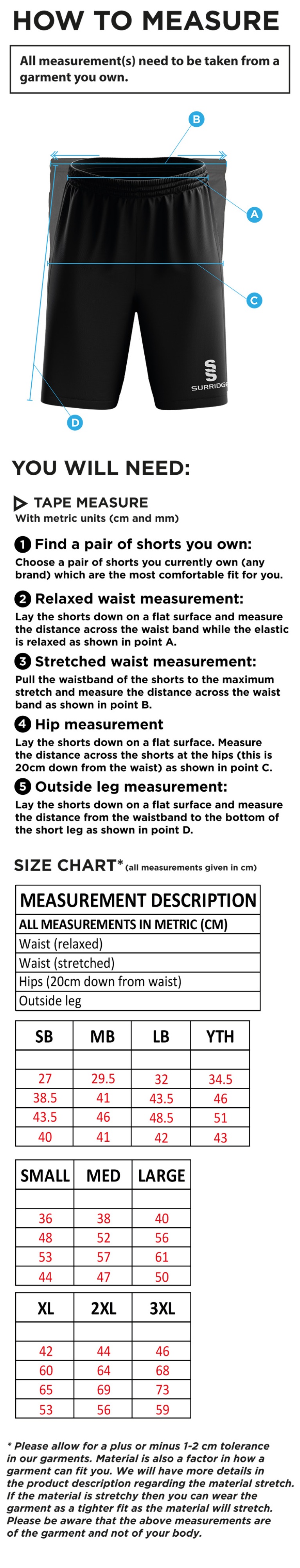 Snettisham CC - Ripstop Pocketed Shorts - Size Guide