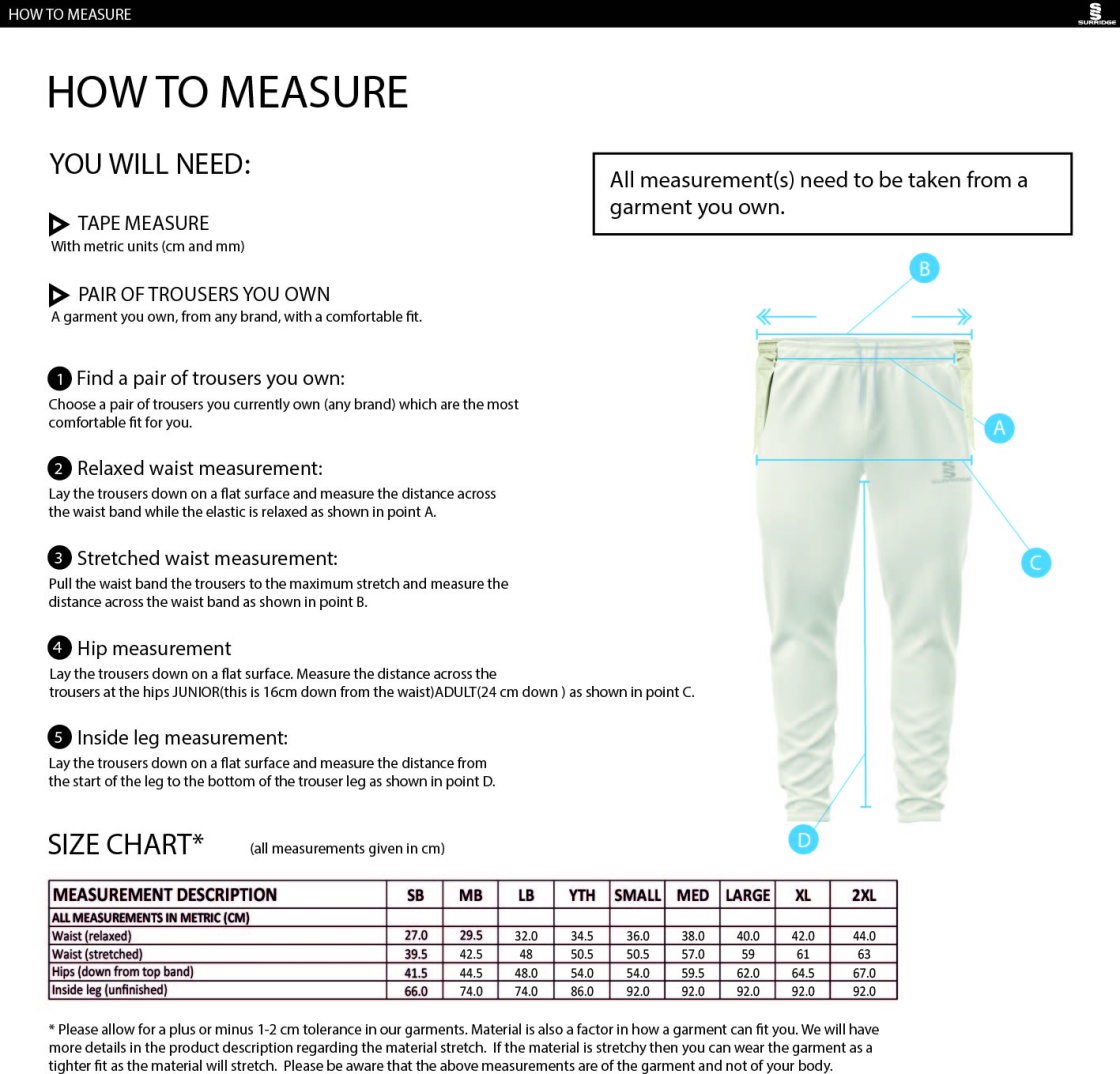 Snettisham CC - Tek Playing Trousers - Size Guide