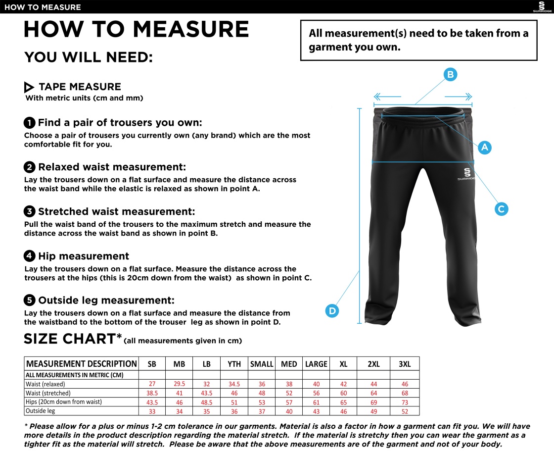 Snettisham CC - Rip Stop Tracksuit Pants - Size Guide