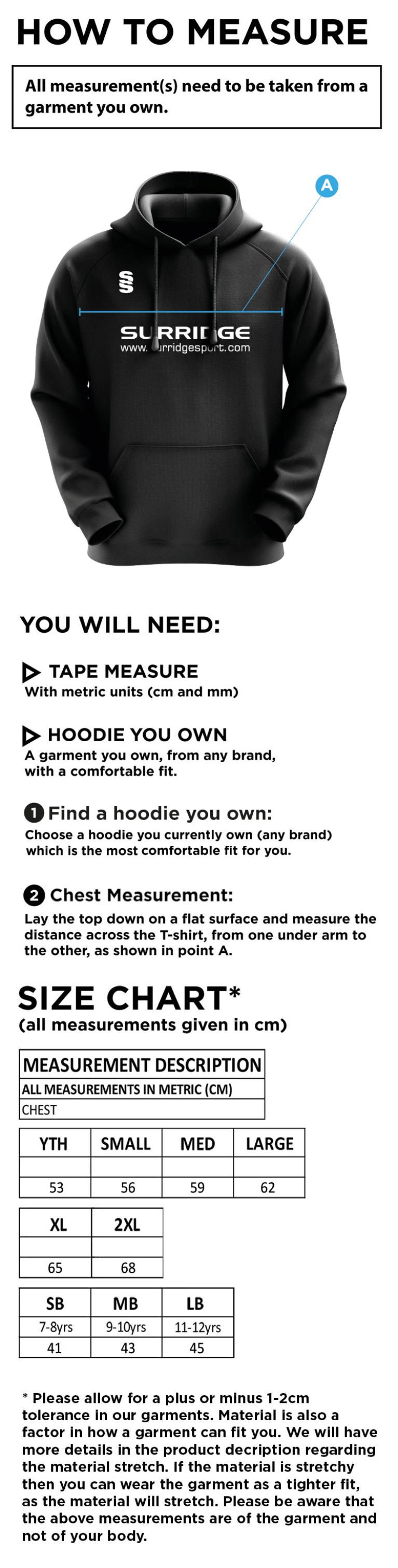 Snettisham CC - Blade Hoody - Size Guide