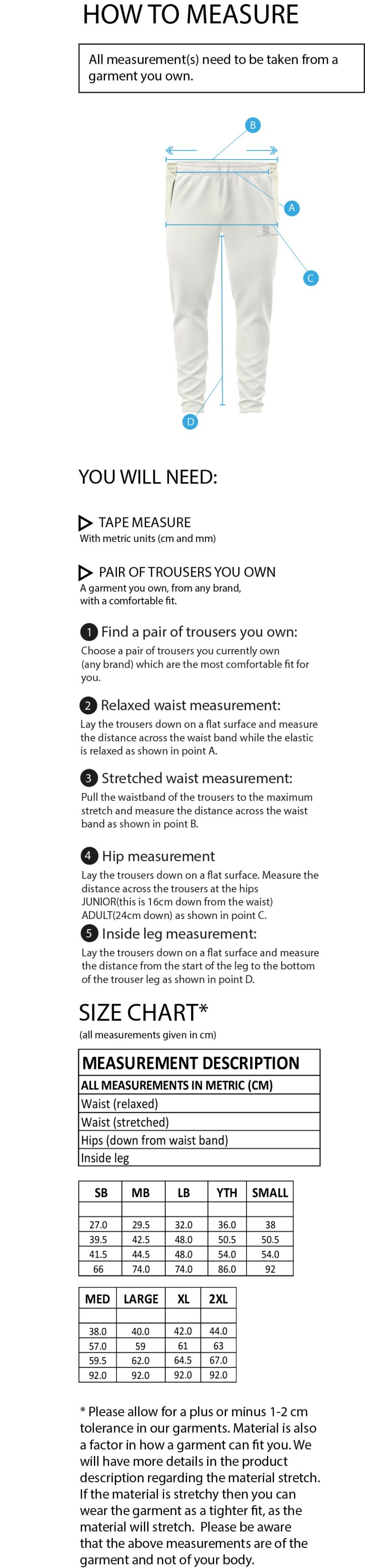 Snettisham CC - Tek Playing Trousers - Size Guide