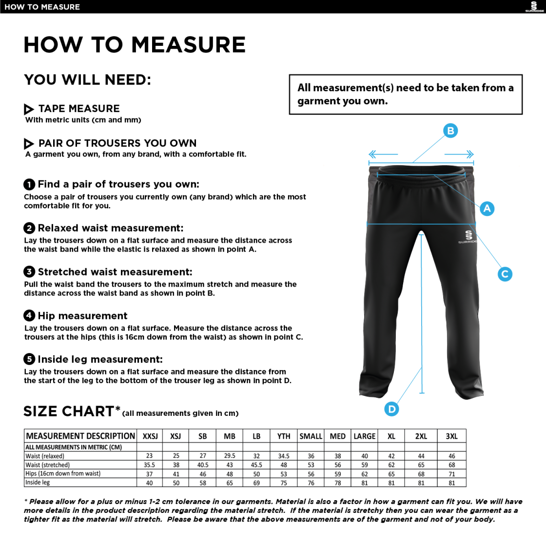 Snettisham CC - Poplin Track Pants - Size Guide