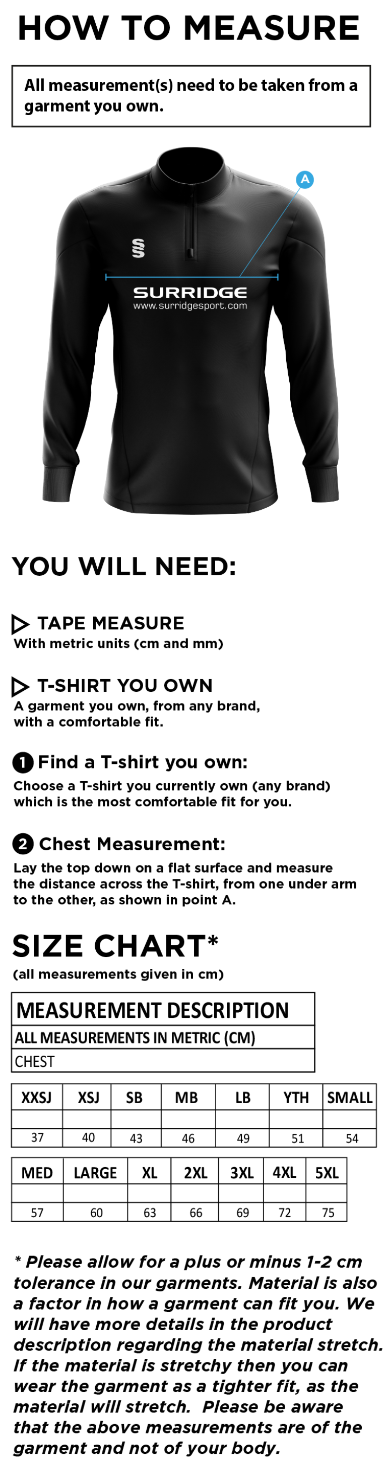 Snettisham CC - Senior Blade Performance Top - Size Guide